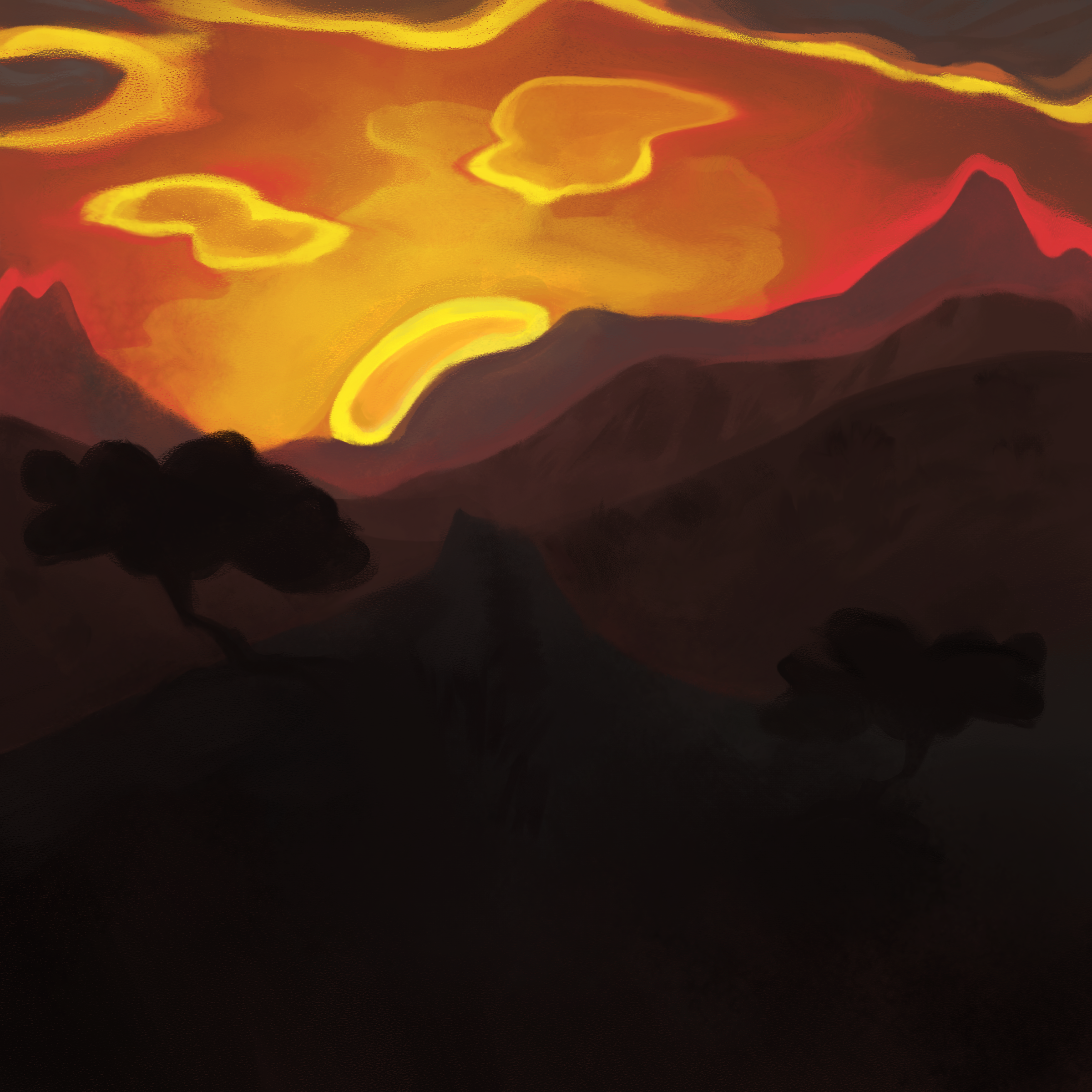 Painted chaparral landscape at sunset, by Avyary.